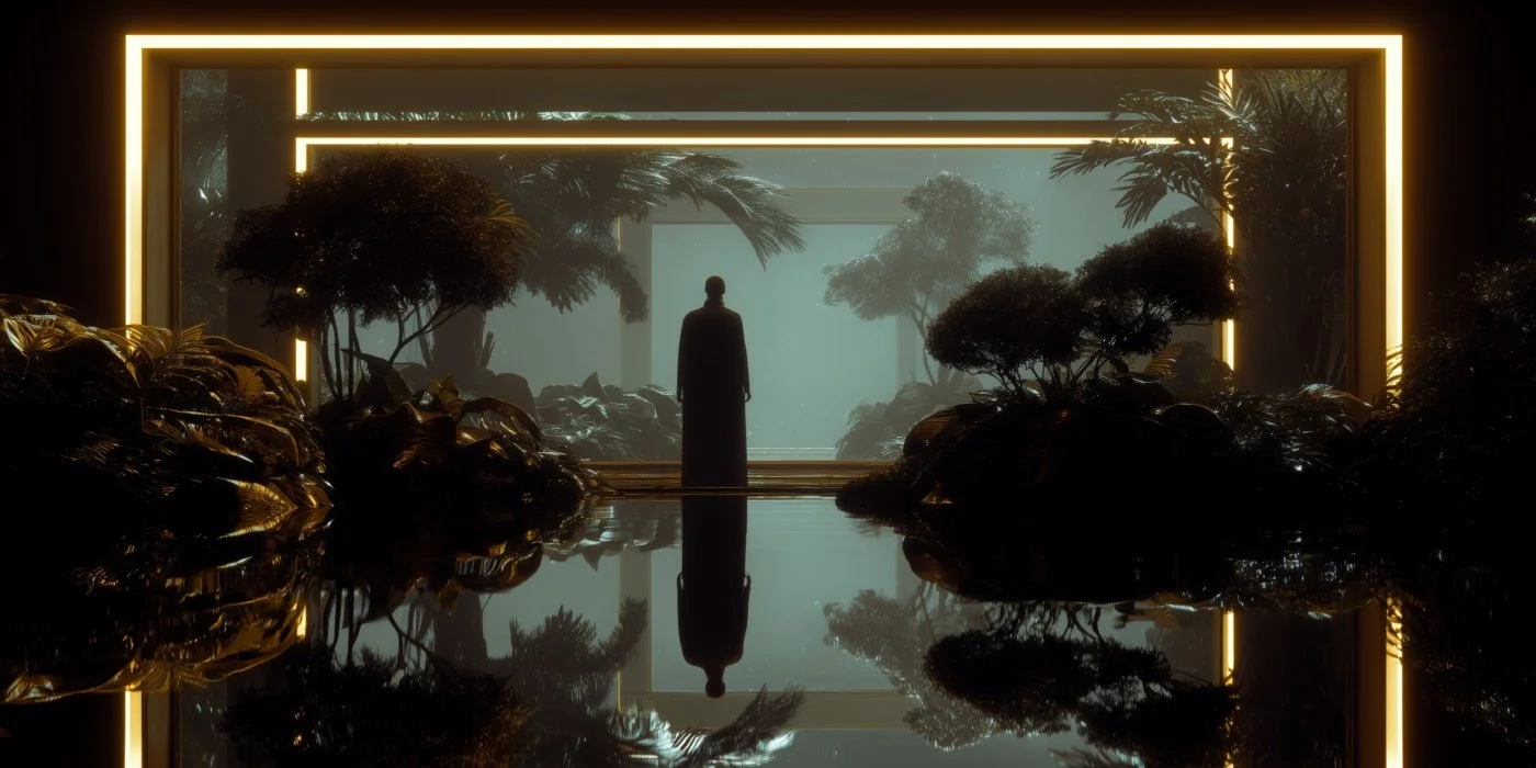 A silhouette of a person standing in a futuristic, illuminated corridor with plants and trees, with their reflection on a glossy surface.
