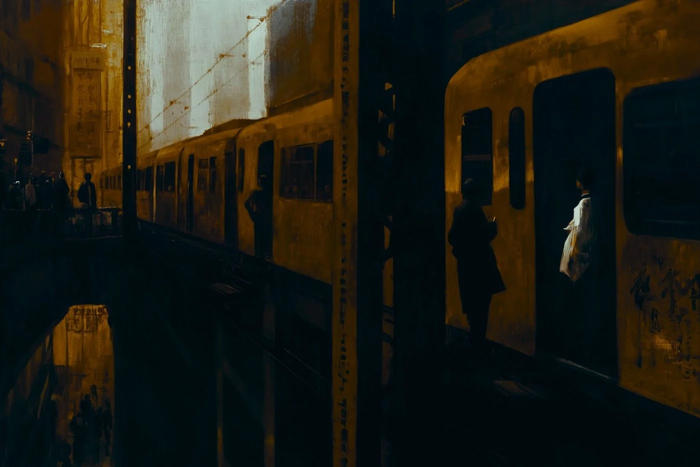 A dimly lit street scene at night featuring a yellow train stopped at a platform, with silhouetted people standing near the train.