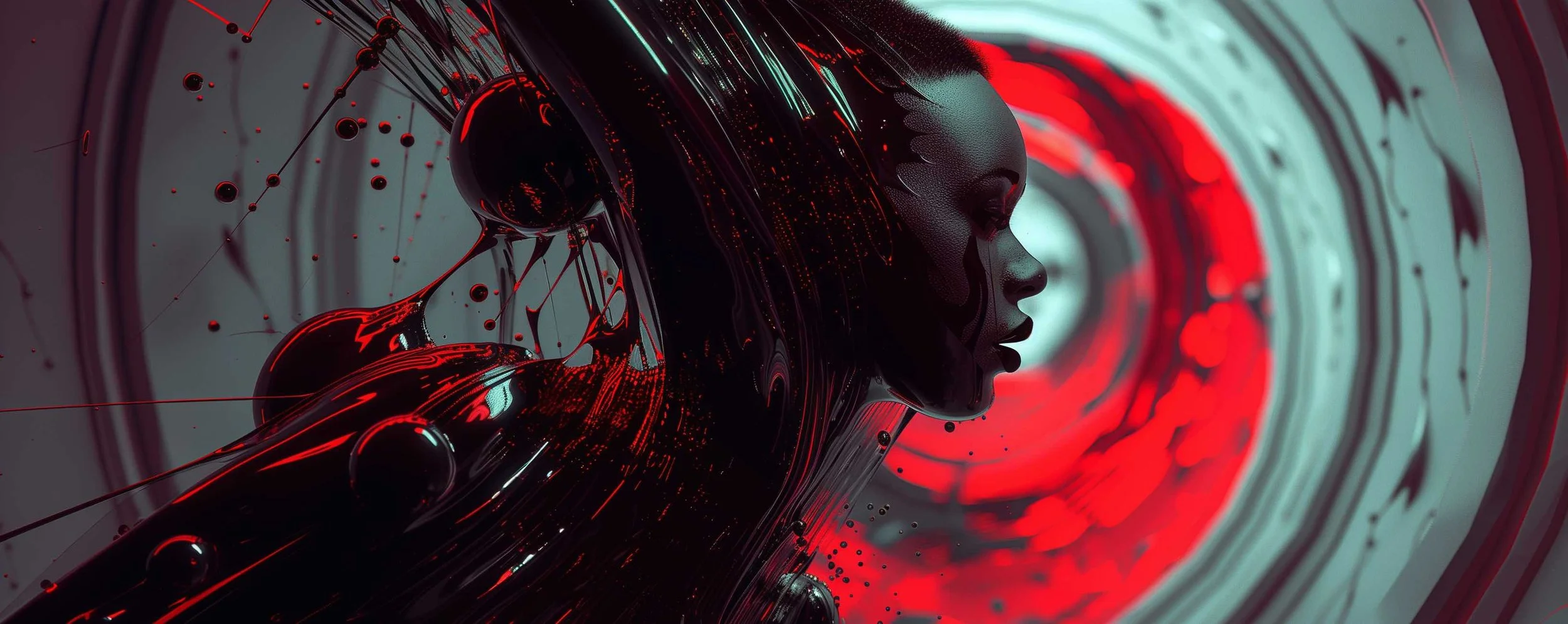 A digital artwork of a woman's profile with dark skin, set against a swirling background with red, black, and teal colors, featuring abstract elements like spheres and lines.