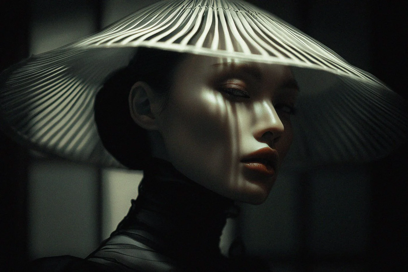 Close-up of a woman with her eyes closed, wearing a wide-brimmed hat with striped pattern, casting shadow and light across her face in a dark setting.