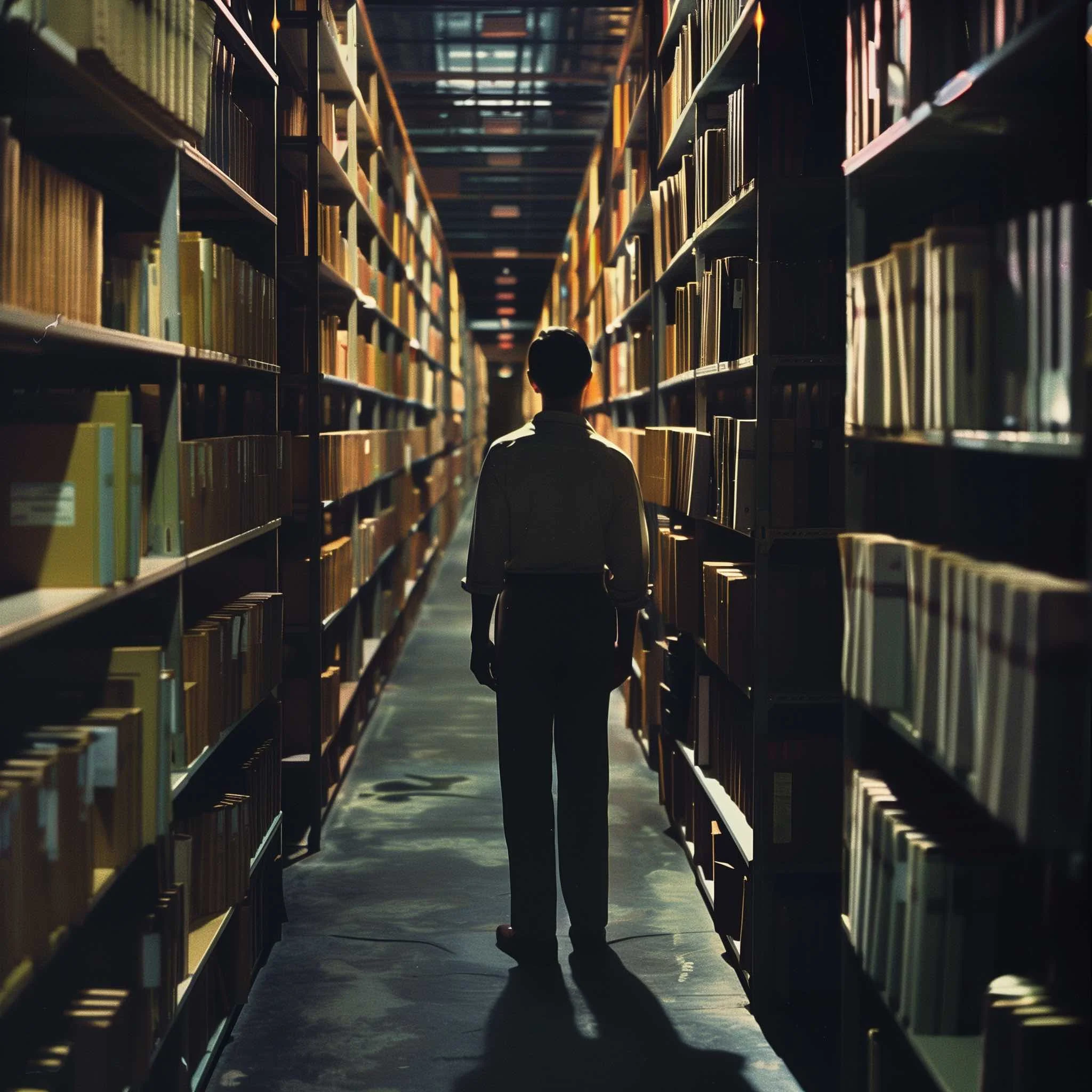 A person standing in a library aisle with bookshelves on both sides, facing away from the camera.