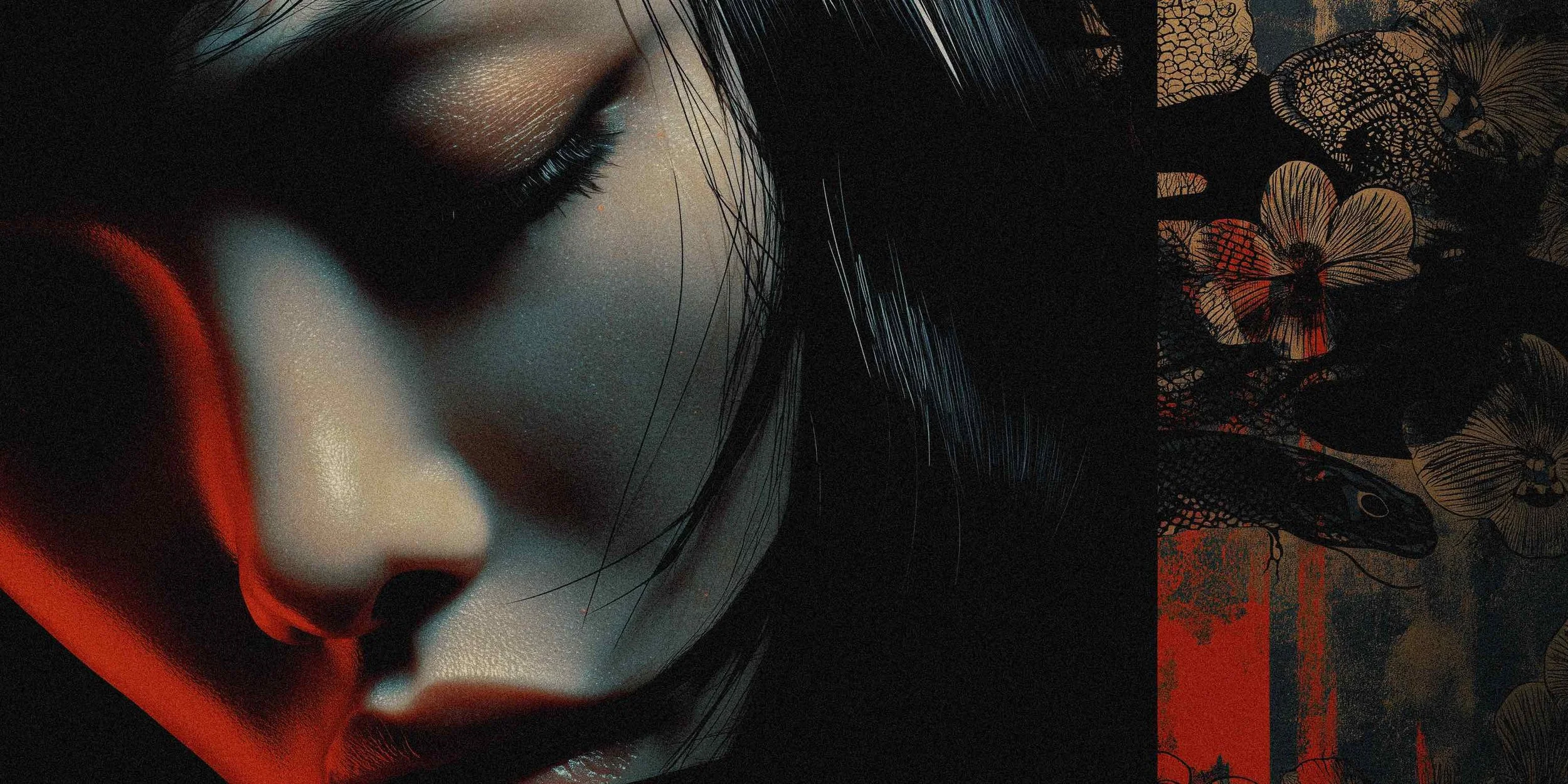 Close-up of a woman's face with closed eye, dark hair, and makeup, alongside floral and tribal-like patterns.