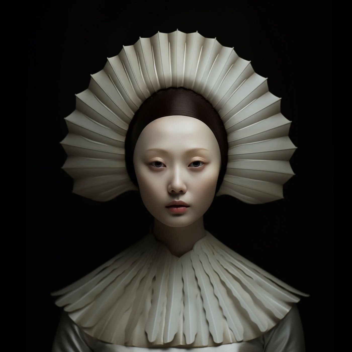 A woman with pale skin and dark hair, wearing an elaborate white ruffled collar and headpiece, set against a black background.