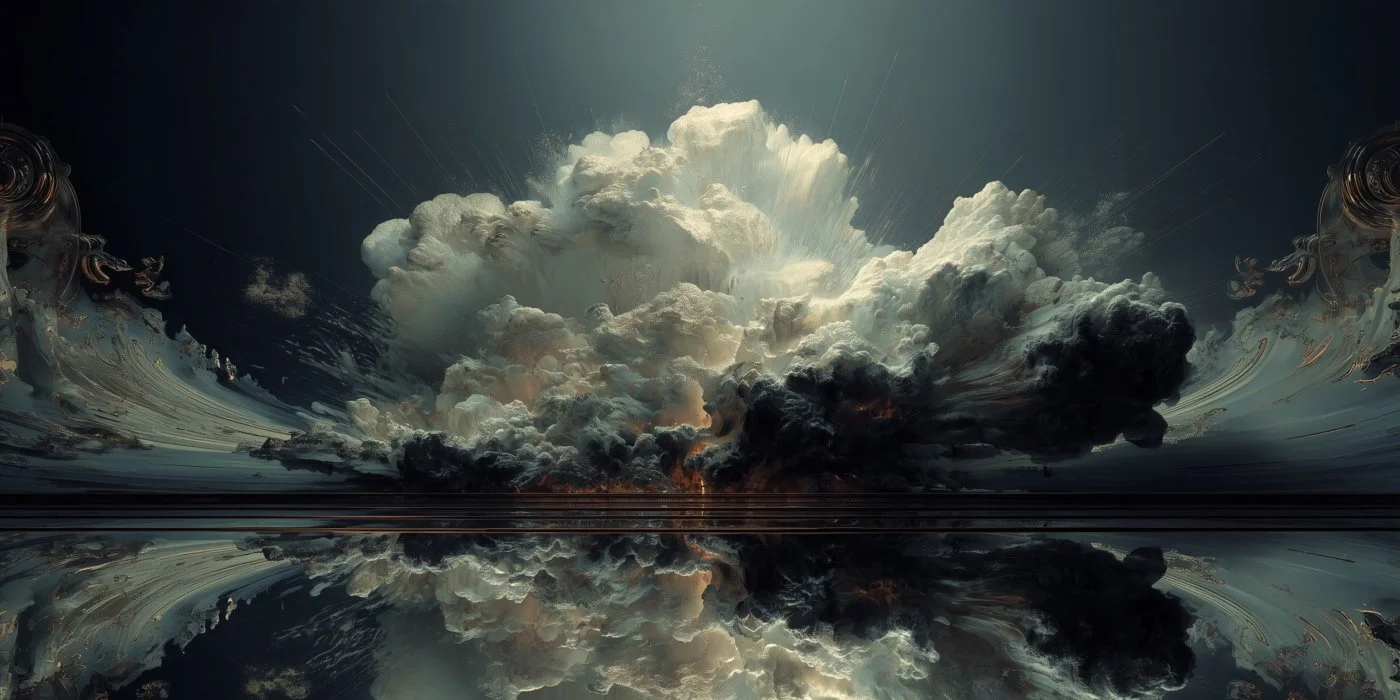 A dramatic explosion with a large cloud of smoke and light emanating from the horizon, reflected on a smooth, mirror-like surface.