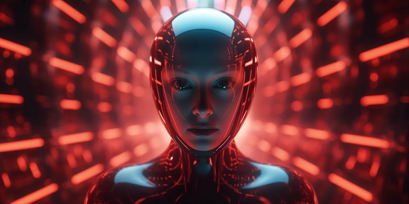 A futuristic humanoid robot with a shiny, reflective face and glowing eyes, surrounded by red and orange neon lights in a sci-fi setting.