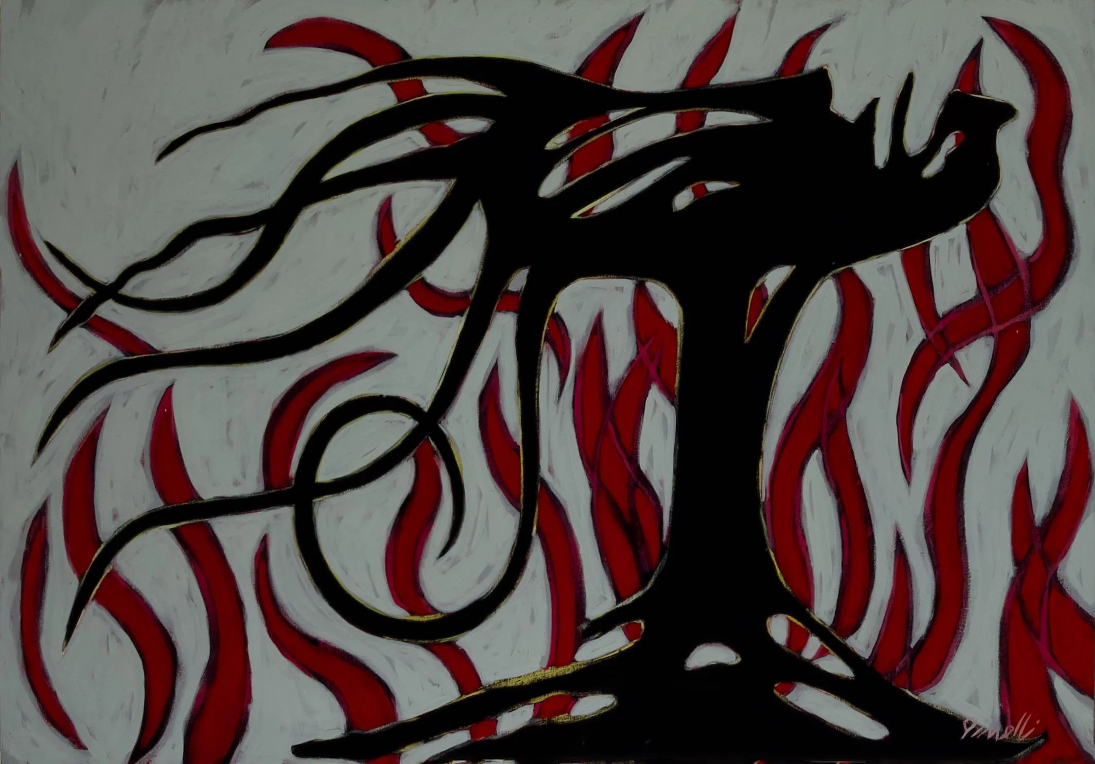 A black silhouette of a tree with twisted branches, set against a white background with red flame-like shapes surrounding it.
