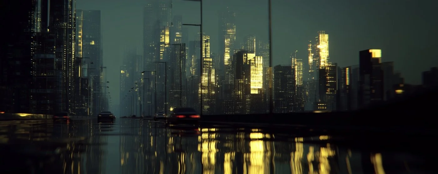 Nighttime cityscape with tall, illuminated skyscrapers reflected on wet road, with a few cars driving