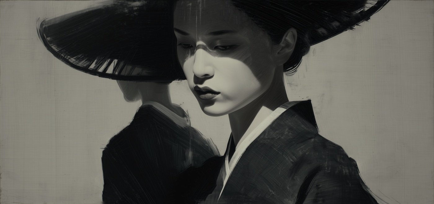 A monochrome painting of a woman with traditional East Asian attire, wearing a large, wide-brimmed hat, with her eyes closed or looking downward, and a serene expression.