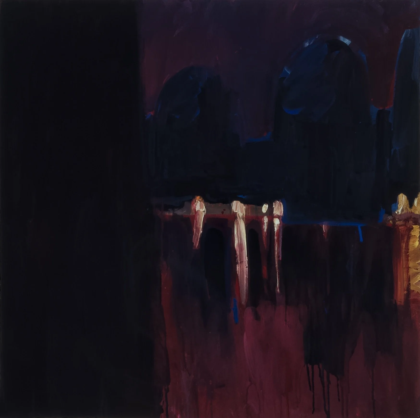 Abstract painting with dark colors, featuring dark silhouettes and hints of red, purple, and blue.