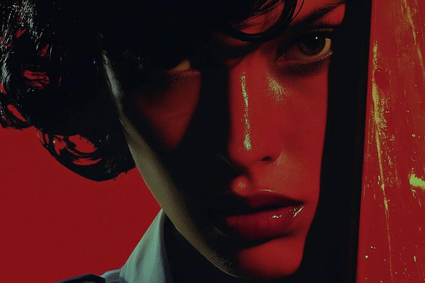 Close-up image of a woman with short, wavy black hair, dark lipstick, and bold makeup, captured with dramatic lighting and a red background.