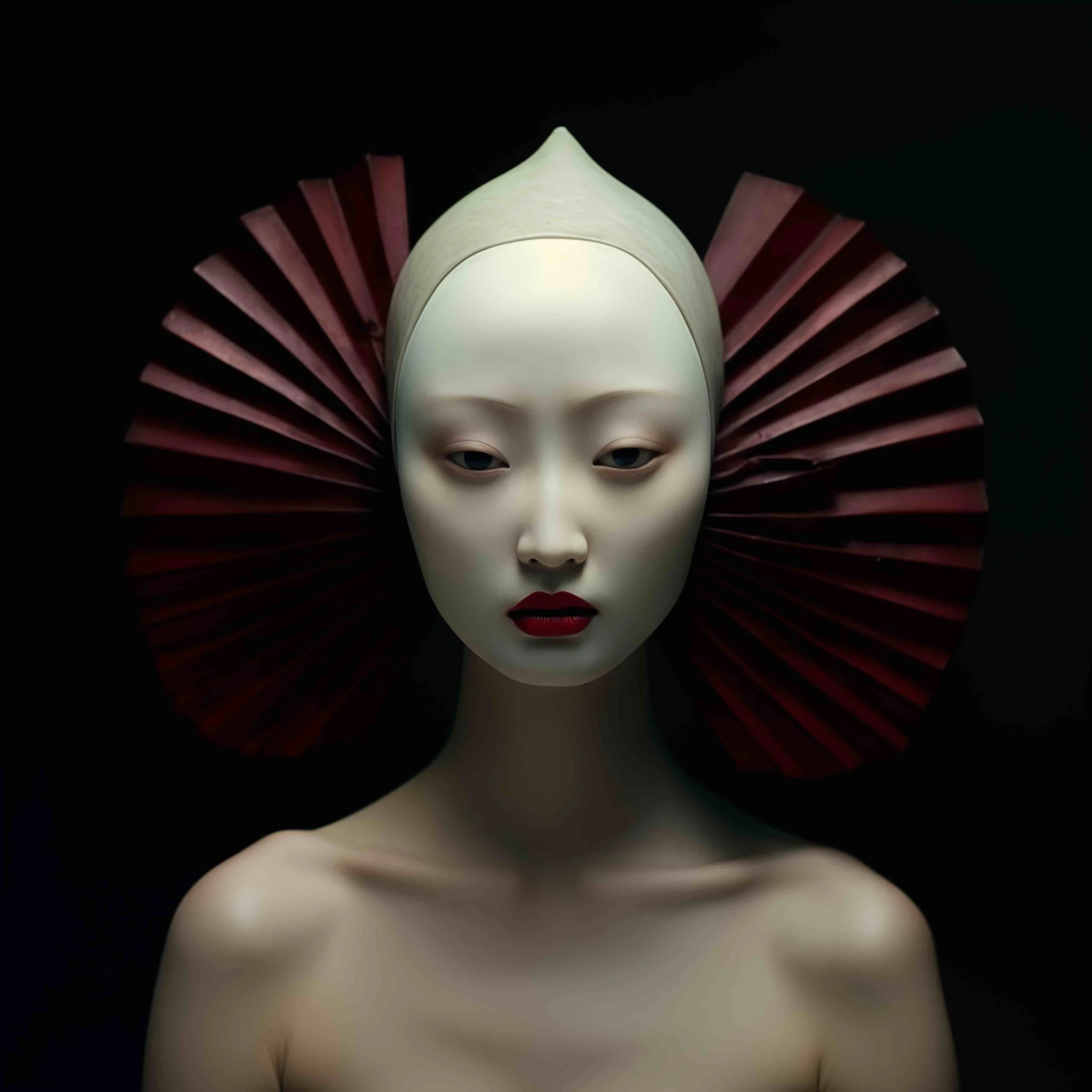 A close-up photo of a traditional Asian mannequin head with closed eyes and dark red lips, wearing an elaborate headpiece with a spiral design and a fan-like extension around the head, against a black background.