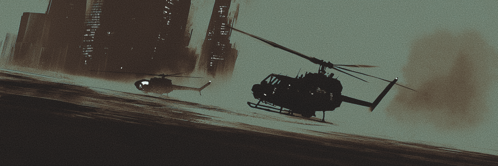 Silhouettes of two military helicopters flying over a city with tall buildings, with a hazy sky and a large sun in the background.