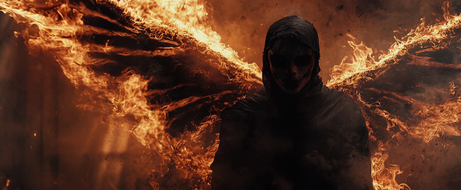A dark, masked figure with glowing eyes stands amid flames, with fiery wings extending outward behind them.
