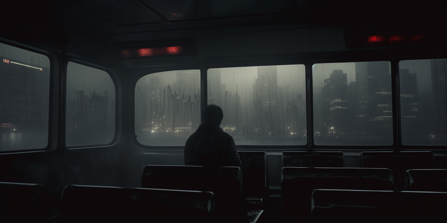 A person sitting alone inside a dark, empty bus or ferry with large windows, looking out at a city skyline on a foggy or overcast day.