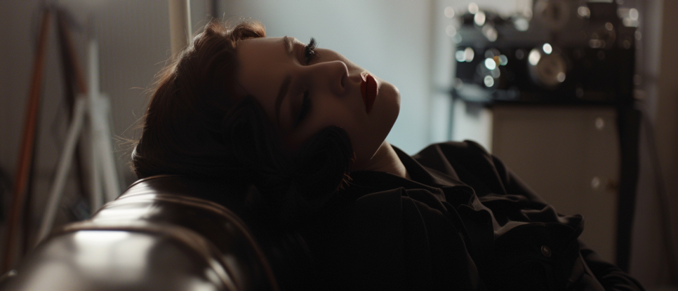 A woman with dark hair and red lipstick is relaxing on a leather couch with her eyes closed, in a dimly lit room with a vintage radio or stereo system in the background.