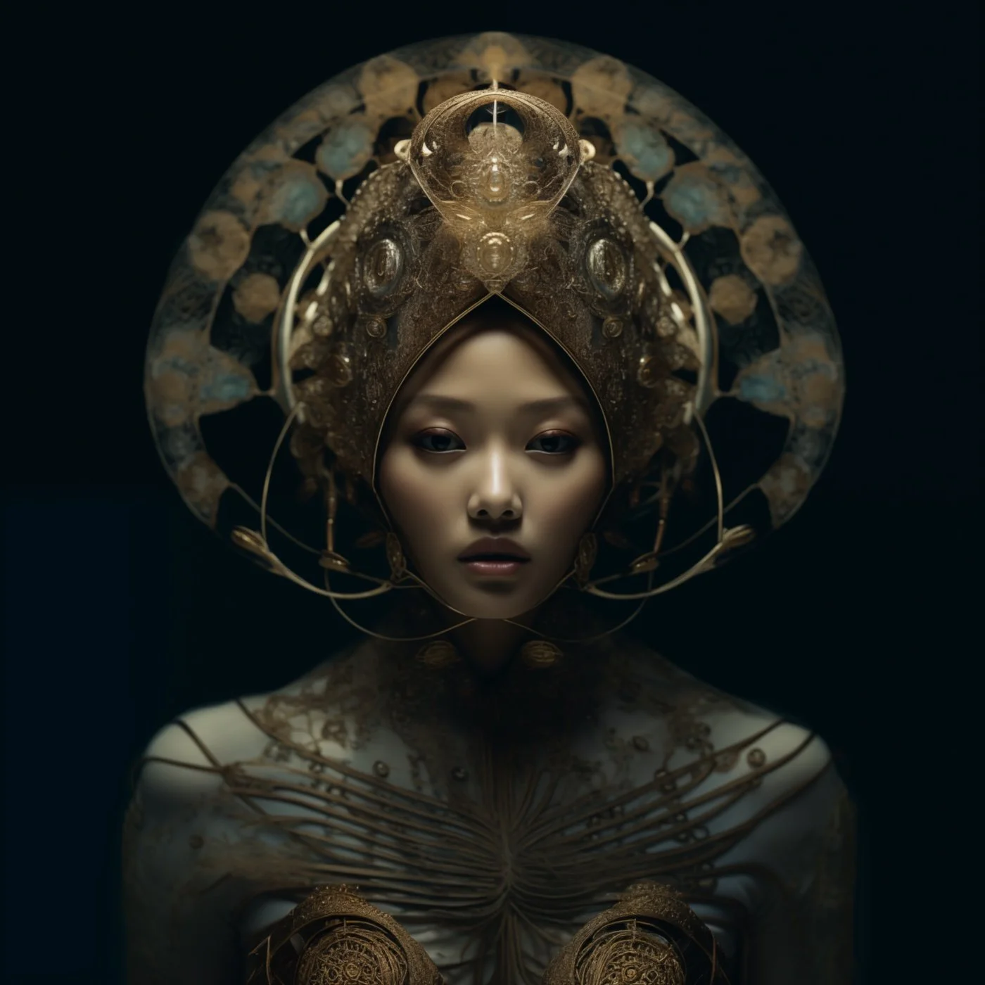 A woman wearing an intricate, gold headpiece and jewelry with an elaborate, sci-fi or fantasy-inspired design, set against a dark background.