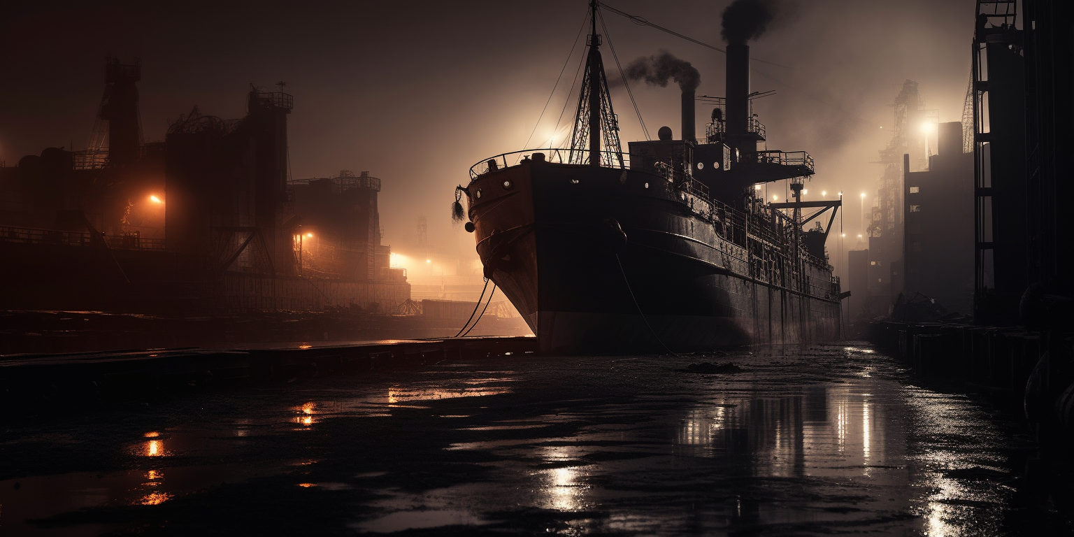 A large cargo ship docked at a port during nighttime with industrial buildings and smokestacks emitting smoke in the background, illuminated by industrial lights and reflecting on the wet ground.