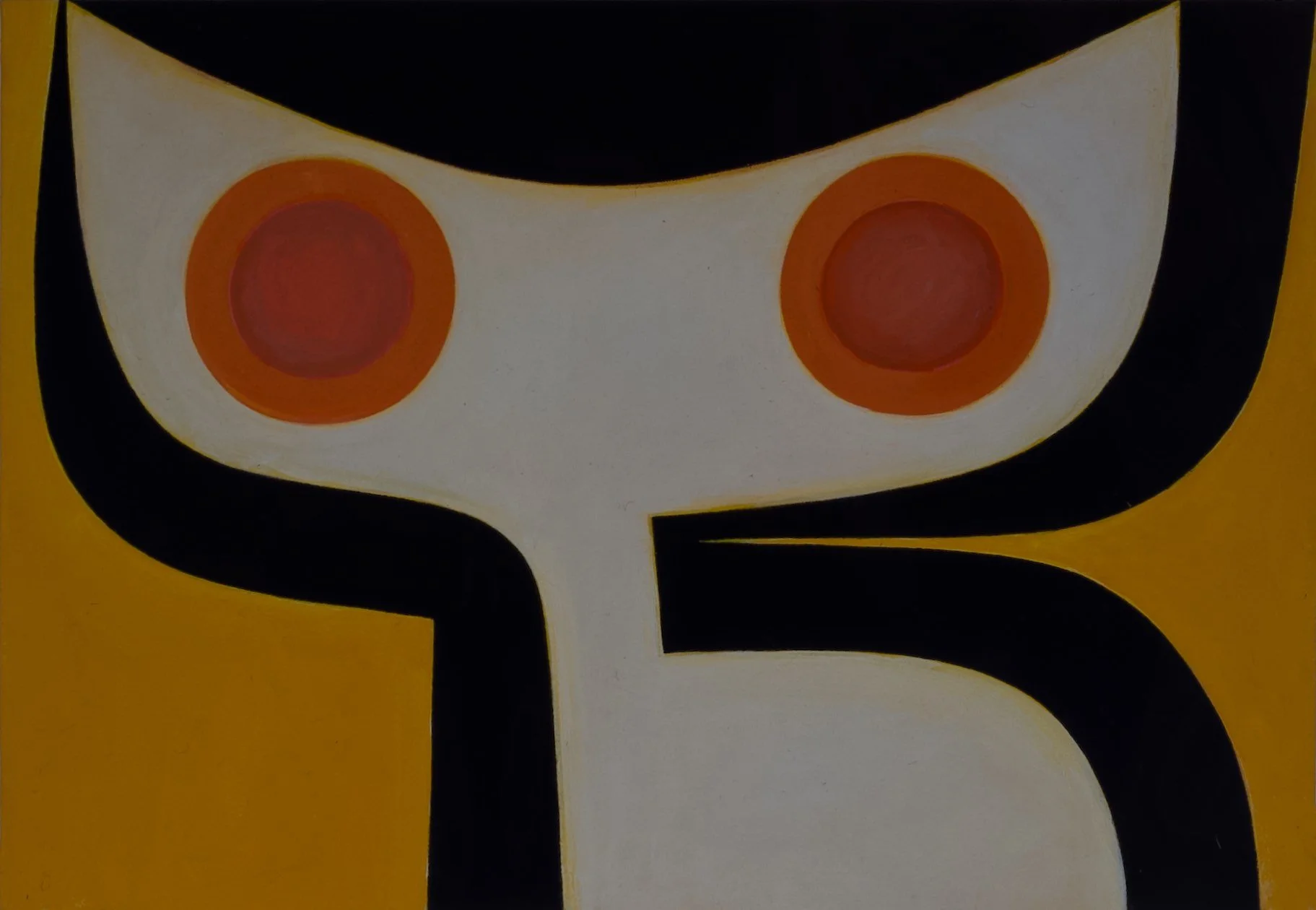 Abstract geometric artwork with bold black and white shapes, featuring two red-orange circles resembling eyes, set against a yellow background.