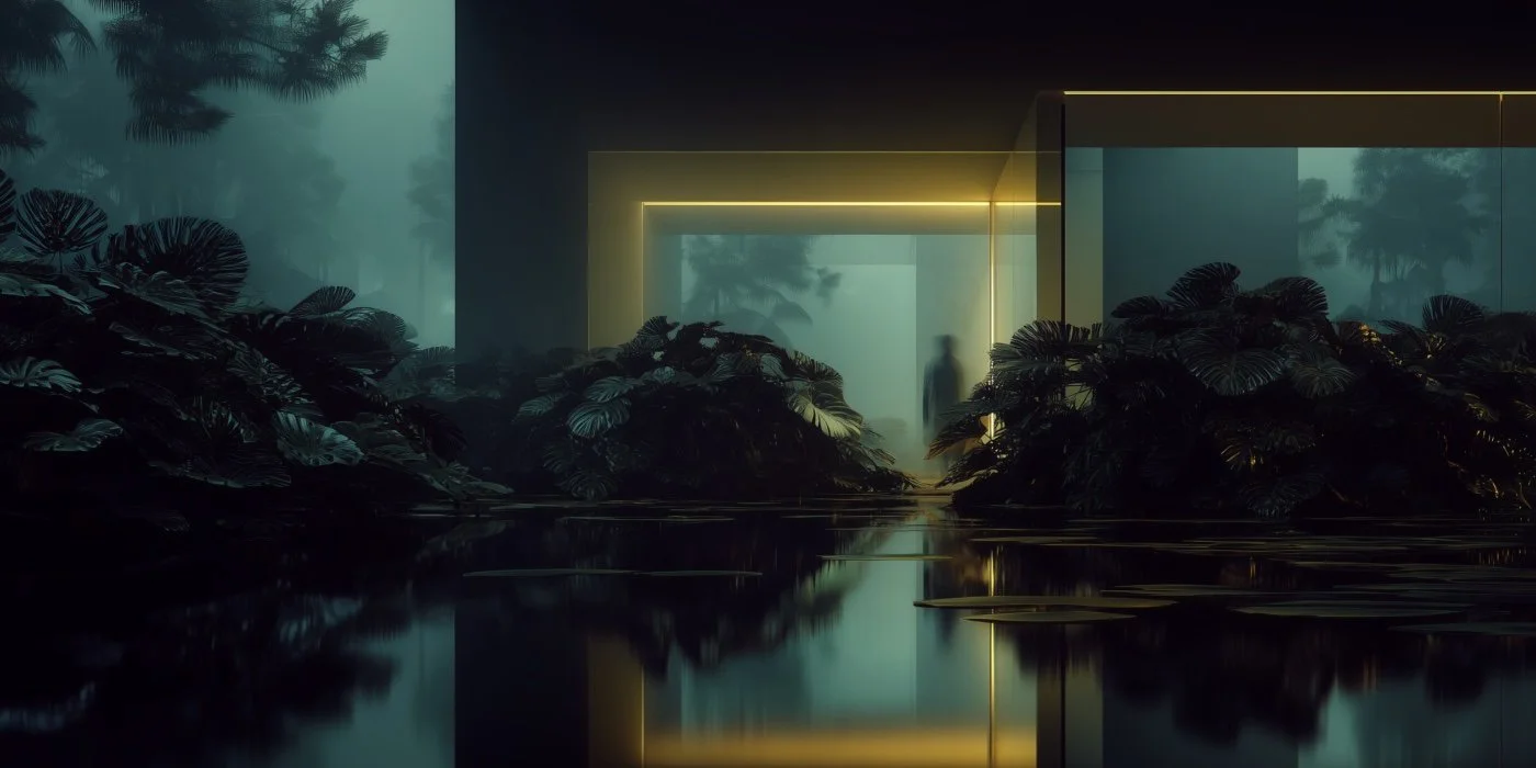 A surreal scene with lush plants in a water body reflecting a modern building with illuminated rectangular frames and foggy background with trees and silhouette of a person nearby.