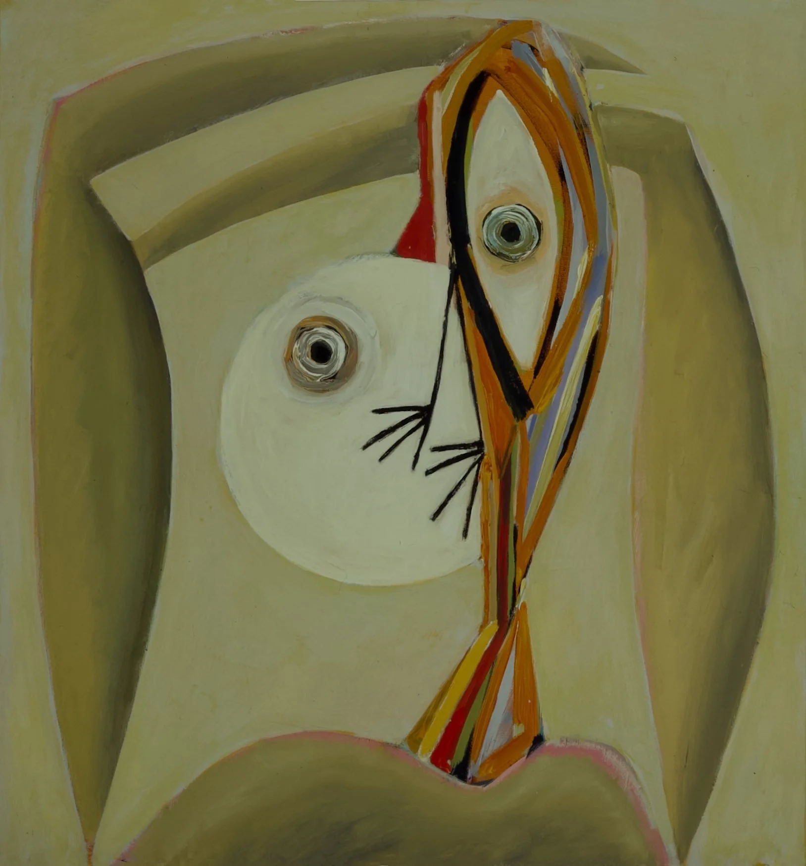 Abstract painting of a bird with geometric shapes and exaggerated features, including large eyes, a long beak, and a stylized body in earthy tones.
