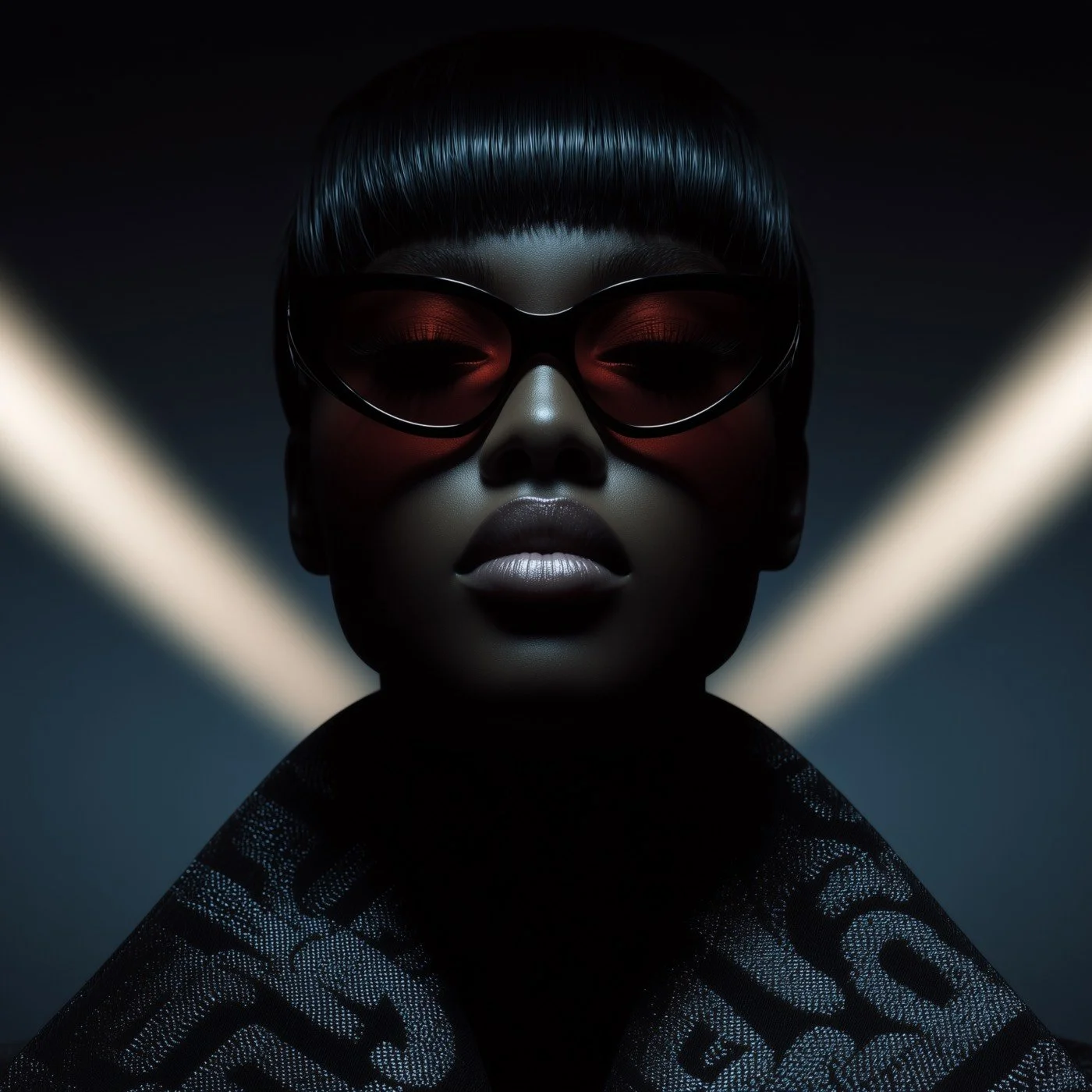 A woman with short black hair wearing red-tinted sunglasses, dark makeup, and a patterned top, in a dark background with light streaks.