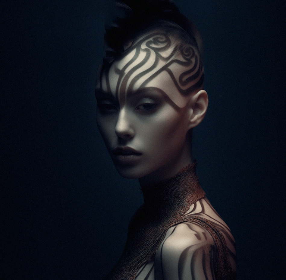 A woman with intricate black tattoo-like patterns on her face and neck, looking over her shoulder in a dark, moody setting.