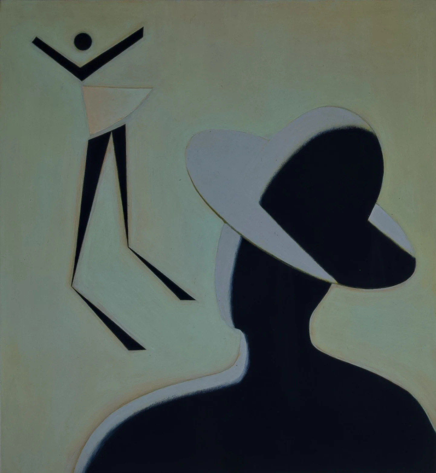Abstract black and white painting of a woman wearing a hat, with geometric shapes and a stylized figure with arms raised.