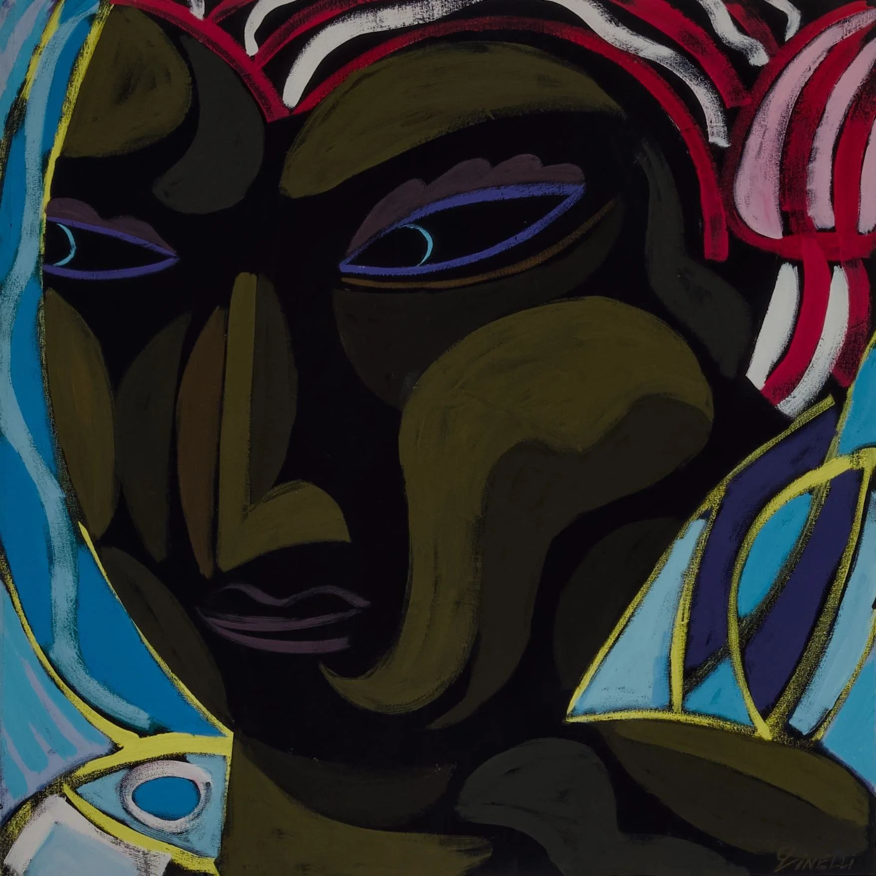 Abstract portrait of a face with dark skin, blue eyes, and colorful decorative elements surrounding the face.