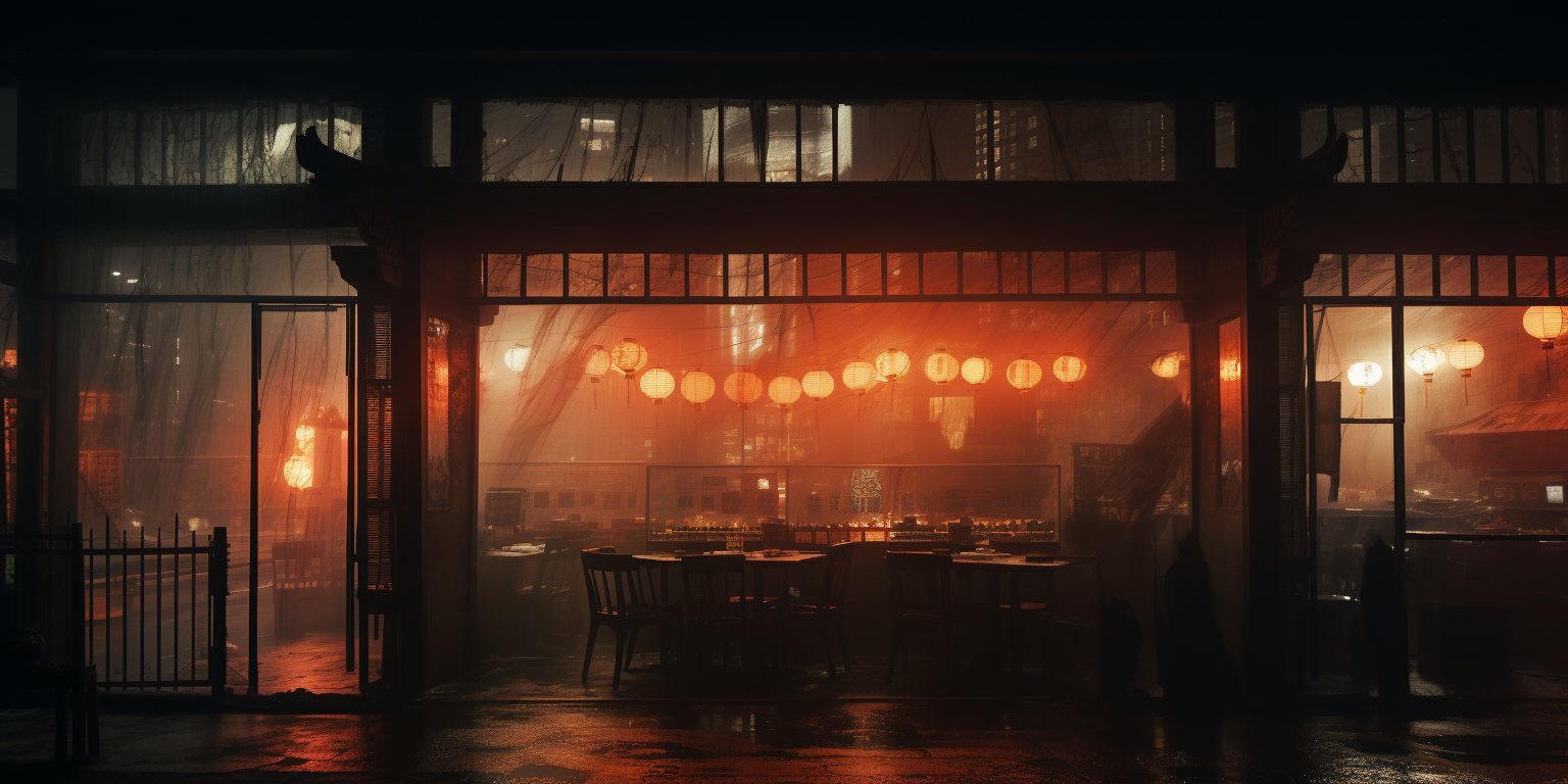 Dimly lit restaurant interior with hanging lanterns, tables, and chairs, seen through glass walls with curtains inside.