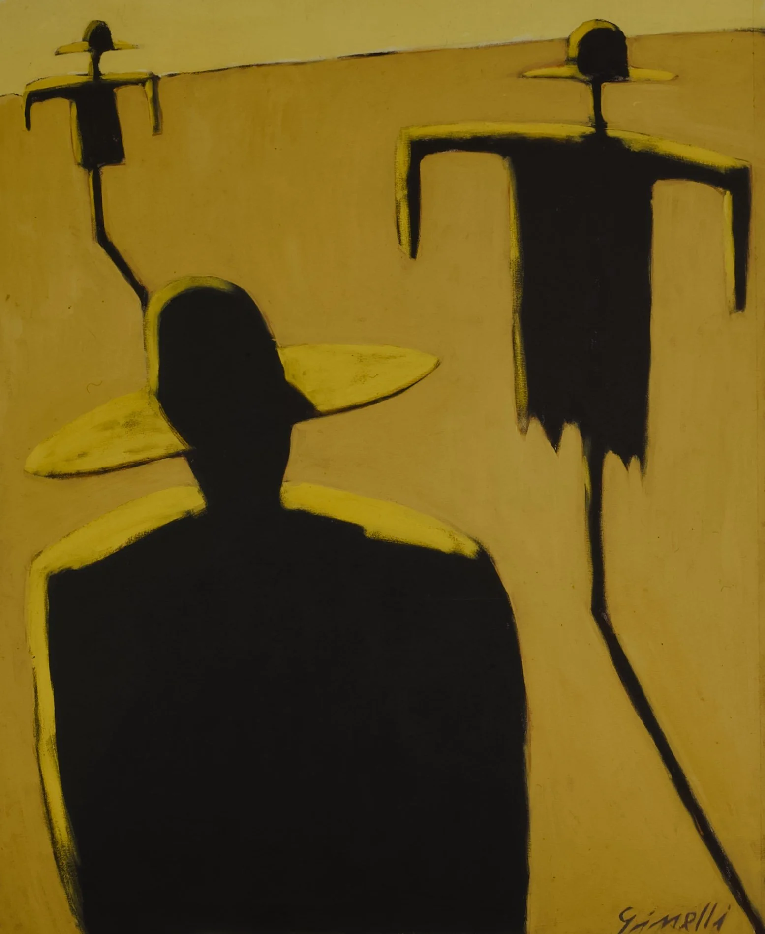 Silhouette paintings of three figures with yellow backgrounds, two of which are wearing hats and the third is larger with no hat, with abstract, minimalistic style.