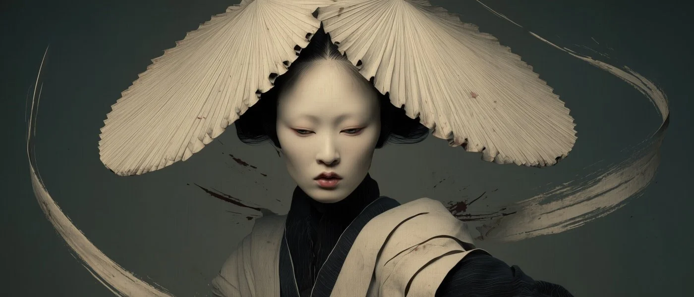 A woman with pale skin and dark hair, wearing traditional Asian clothing, holds a large leaf over her head like an umbrella, with a dark, abstract background.
