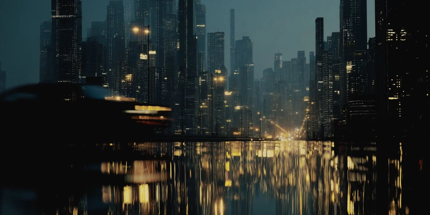 Night view of a city skyline with tall illuminated skyscrapers reflected in a body of water.