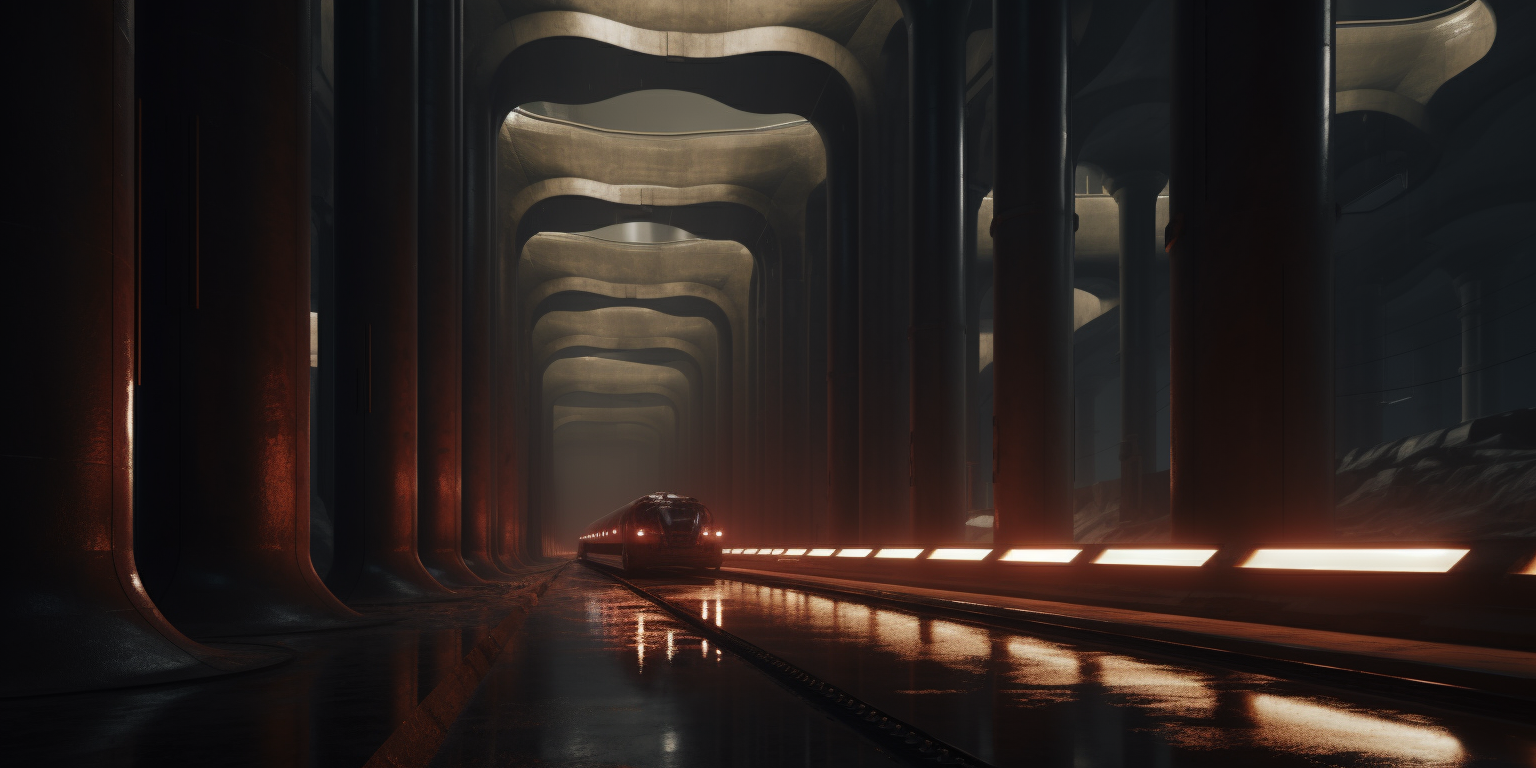 A futuristic train inside a sleek, dark tunnel with tall, curved pillars and illuminated tracks.