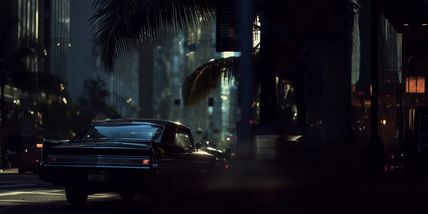 A silhouette of a vintage black car parked at dusk in an urban setting with palm trees, modern buildings, and city lights in the background.