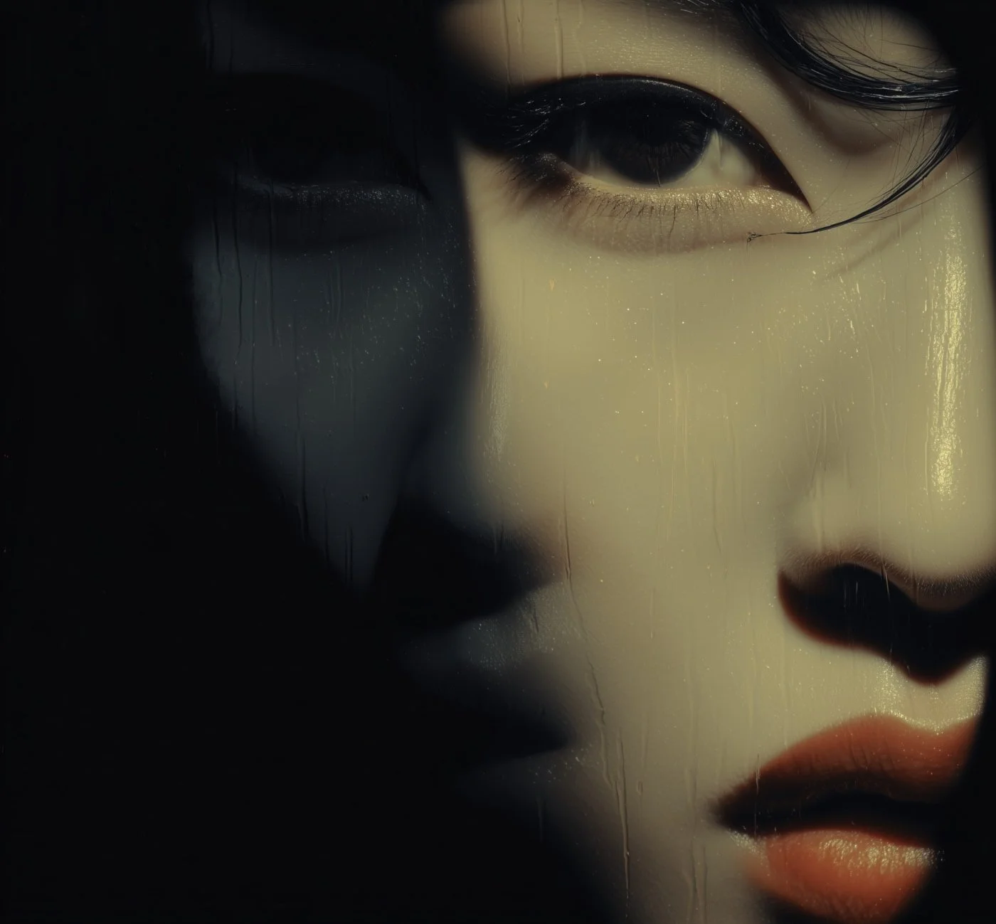 Close-up of a mannequin's face behind a foggy glass, showing a partial view of the eye, nose, and lips.