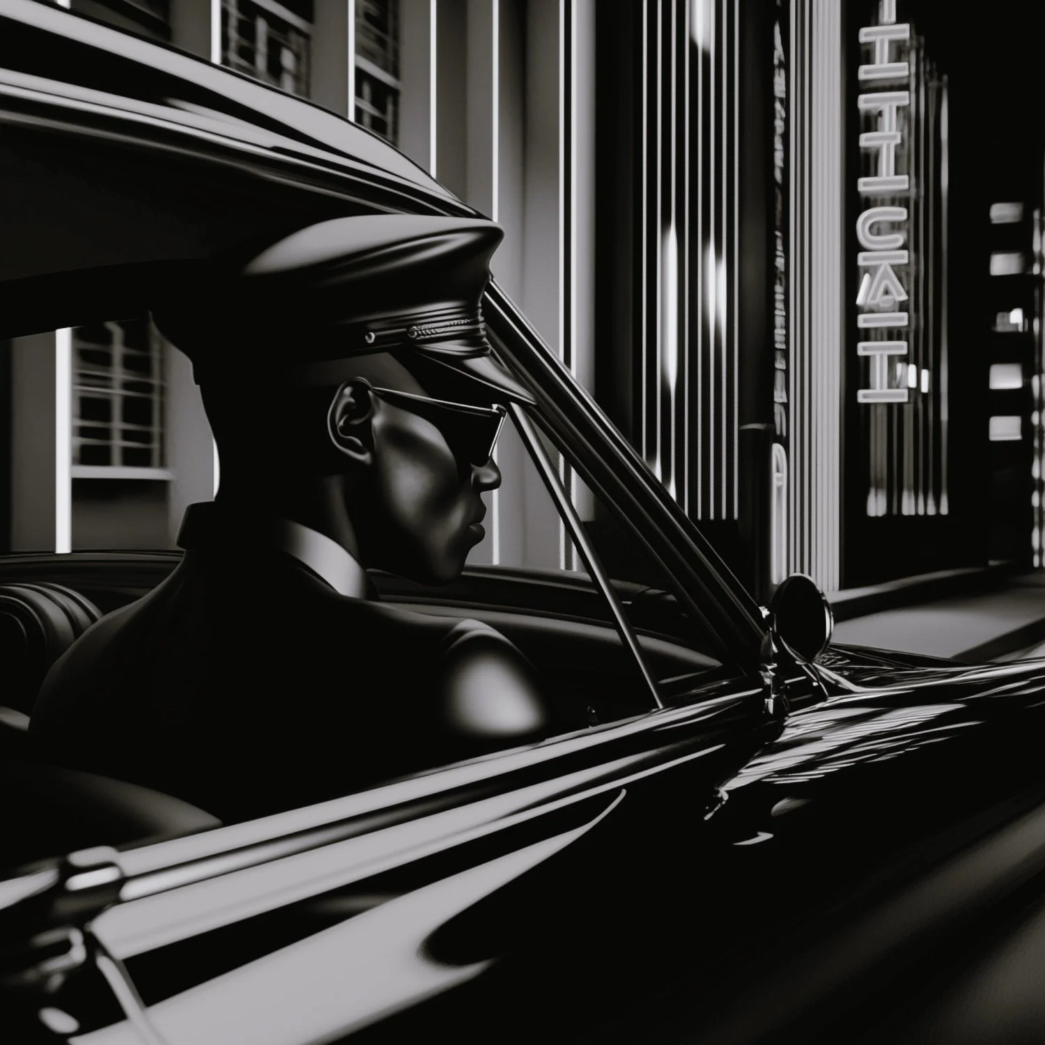 Black and white photo of a man wearing sunglasses and a police cap, sitting in a vintage police car with the city background and the word 'HIT HUI' visible in the background.