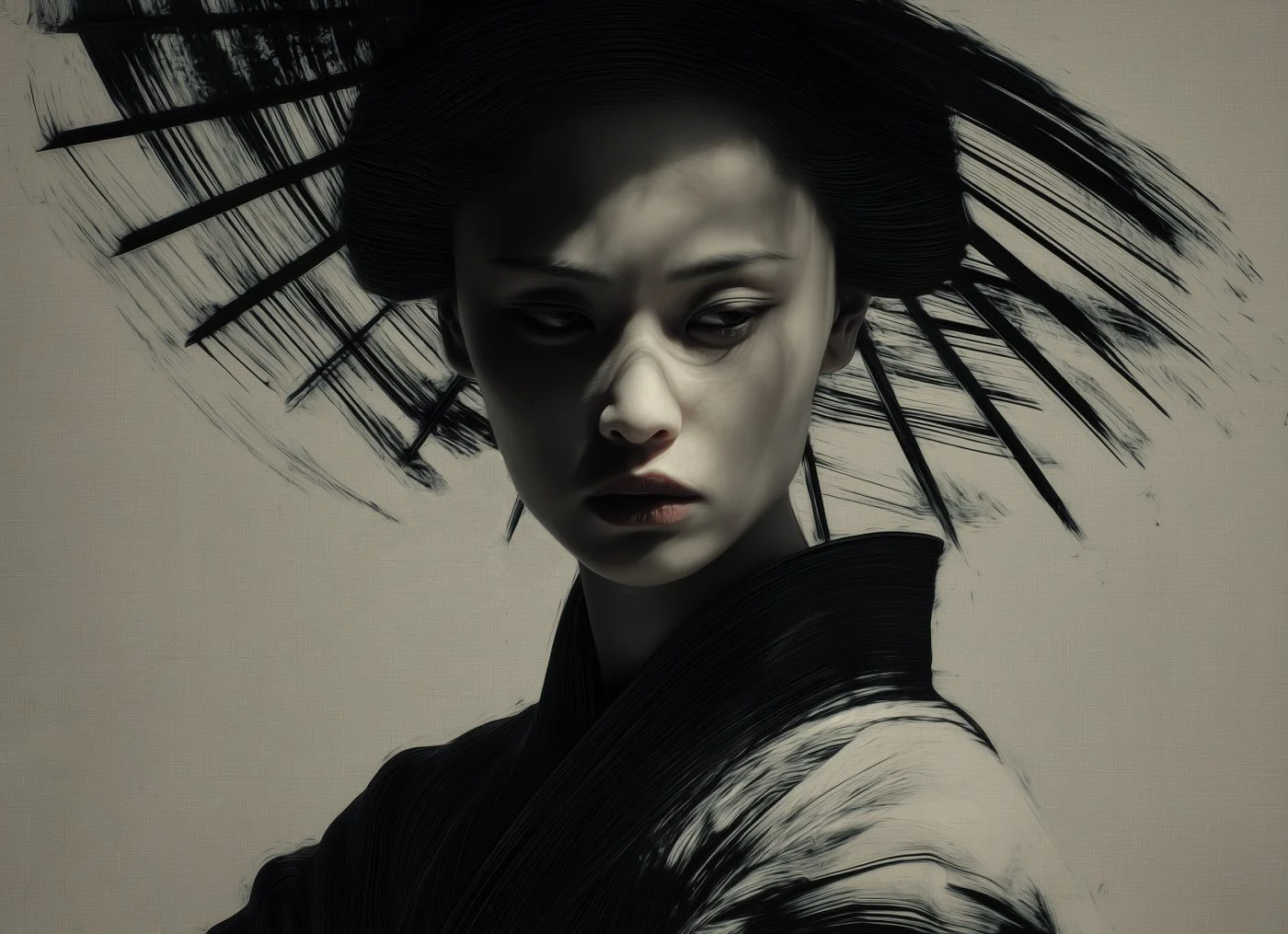 A portrait of a woman with pale skin wearing traditional Japanese attire and a wide black hair ornament, holding an umbrella with brushstroke-style design elements.