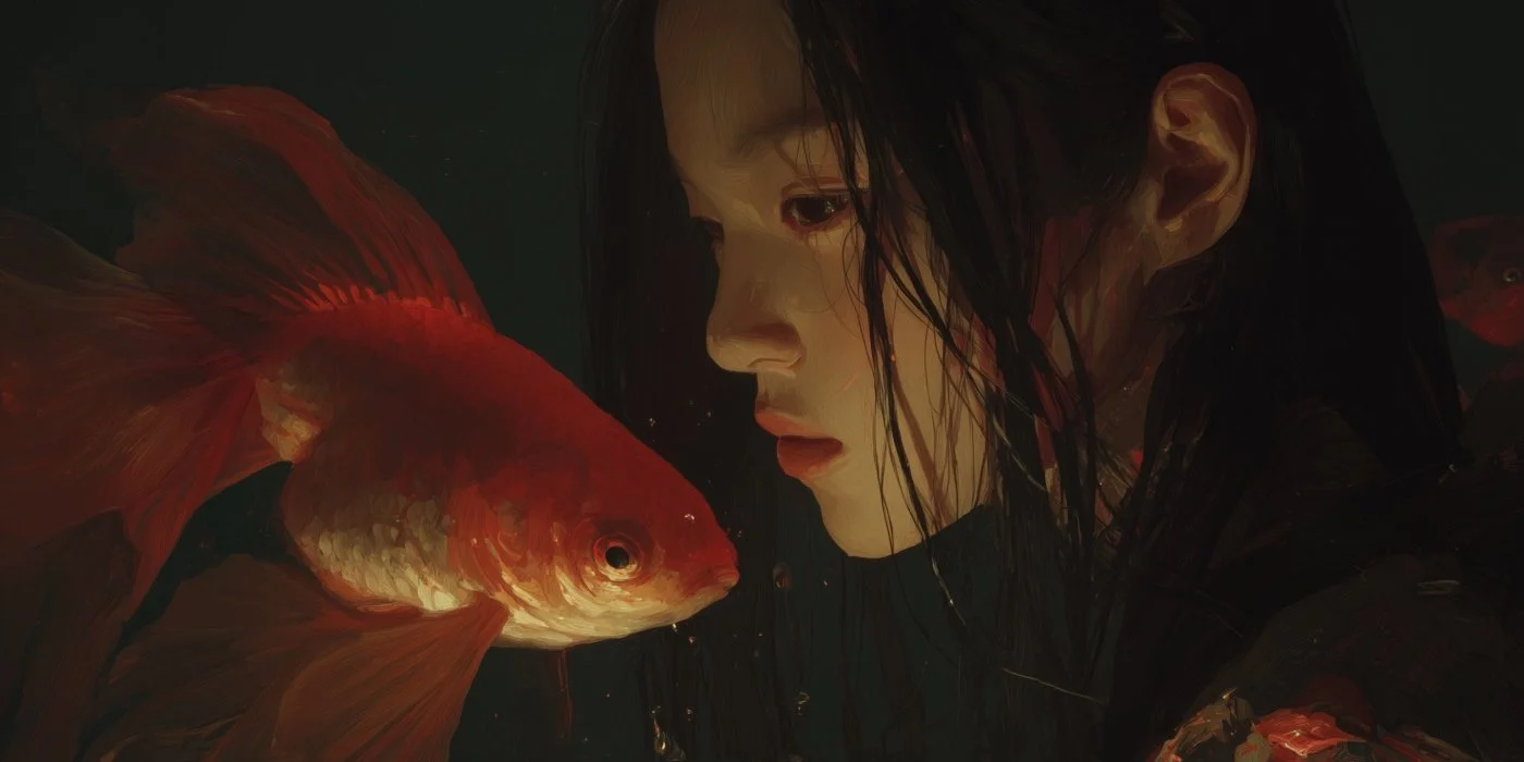 A woman with wet black hair gazing closely at a red fish in dark water.
