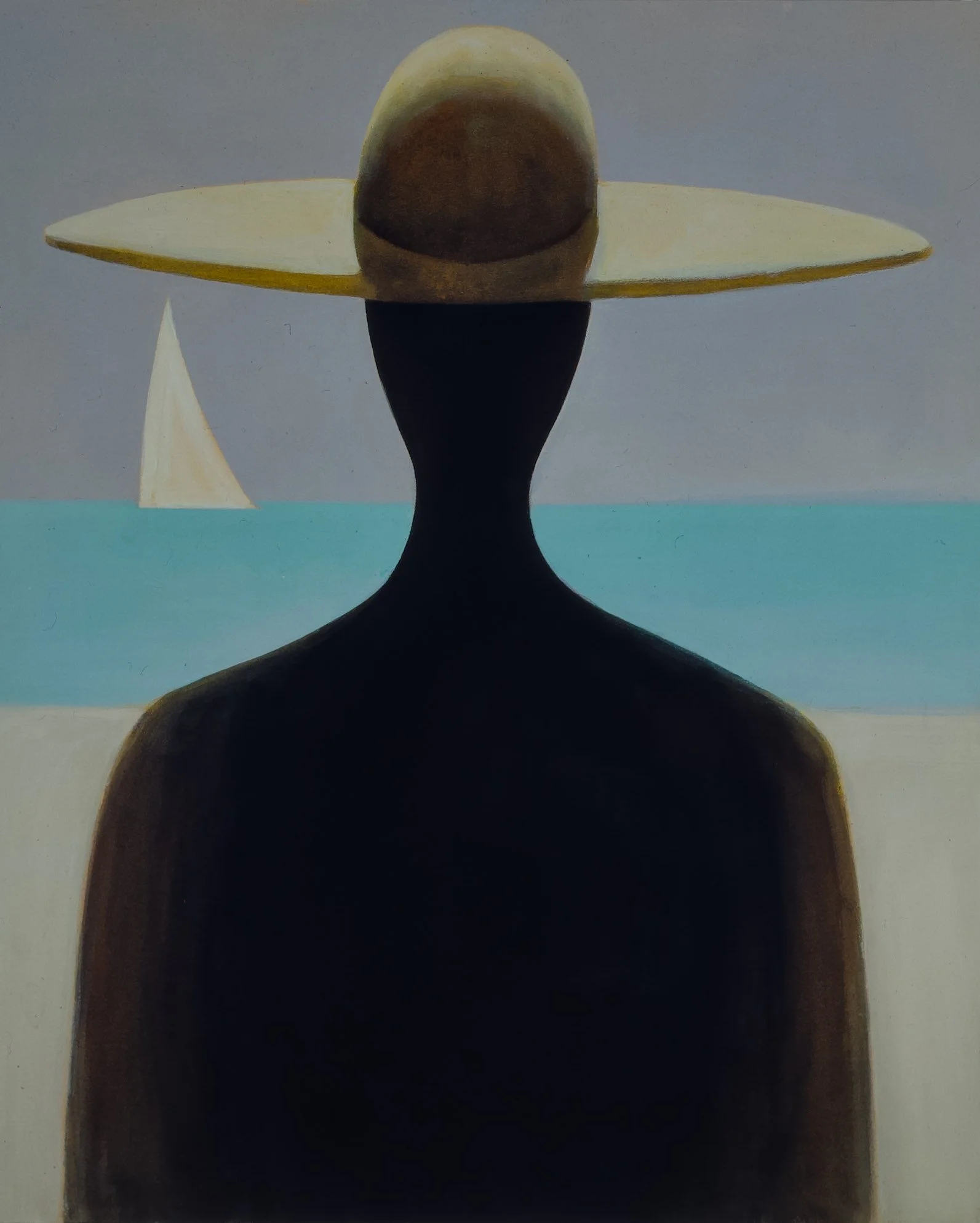 Painting of a silhouette of a person with a beach scene in the background, wearing a sunhat. The sea and a sailboat are visible in the distance.