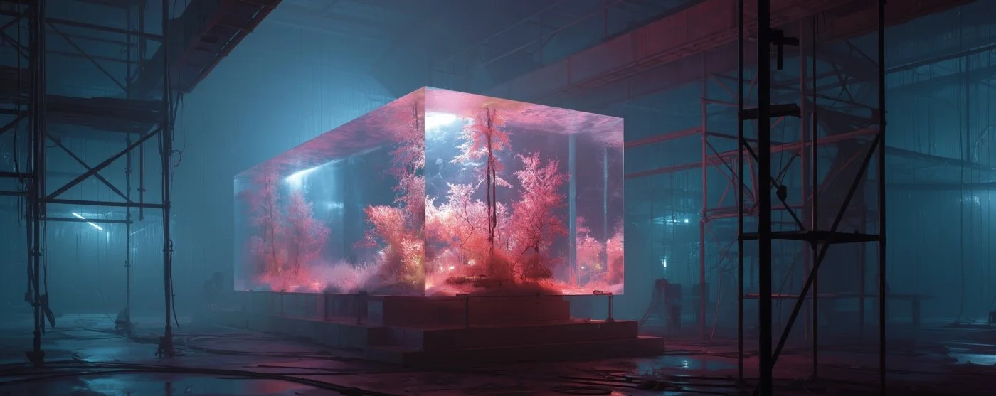 Large transparent hospital tank with pink coral and aquatic plants inside, surrounded by metal scaffolding in an industrial-style warehouse with blue lighting.