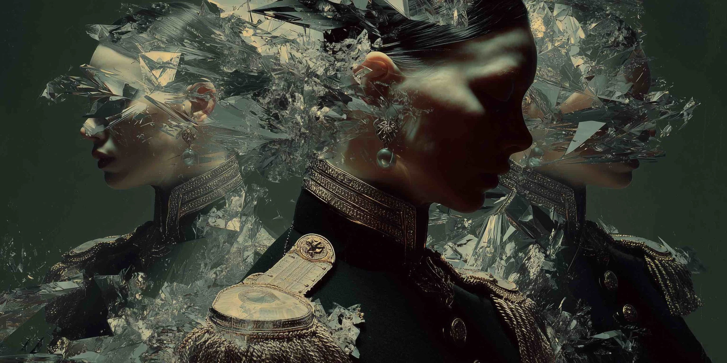 A digital artwork of a woman in a military uniform with futuristic elements, featuring fragmented, digital effects and multiple overlapping profiles.