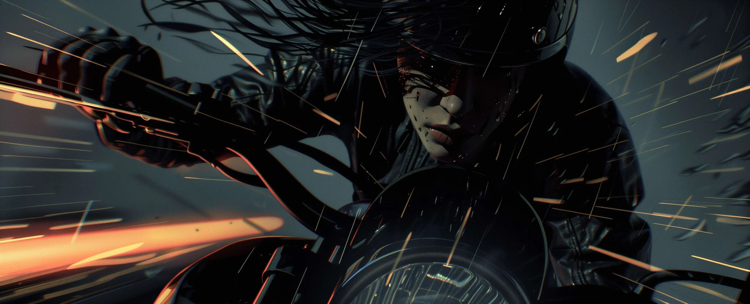 A person riding a motorcycle at night, wearing a helmet and leather jacket, with sparks flying around.