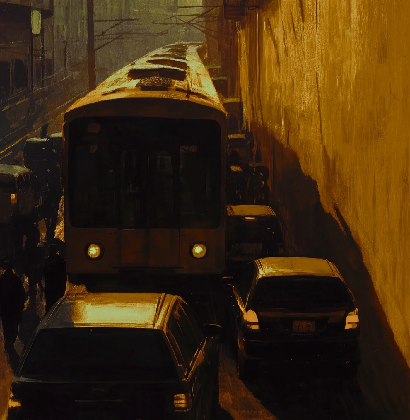 A city street scene with a yellow train in the center, surrounded by parked cars on both sides, with warm tones and an impressionistic style.