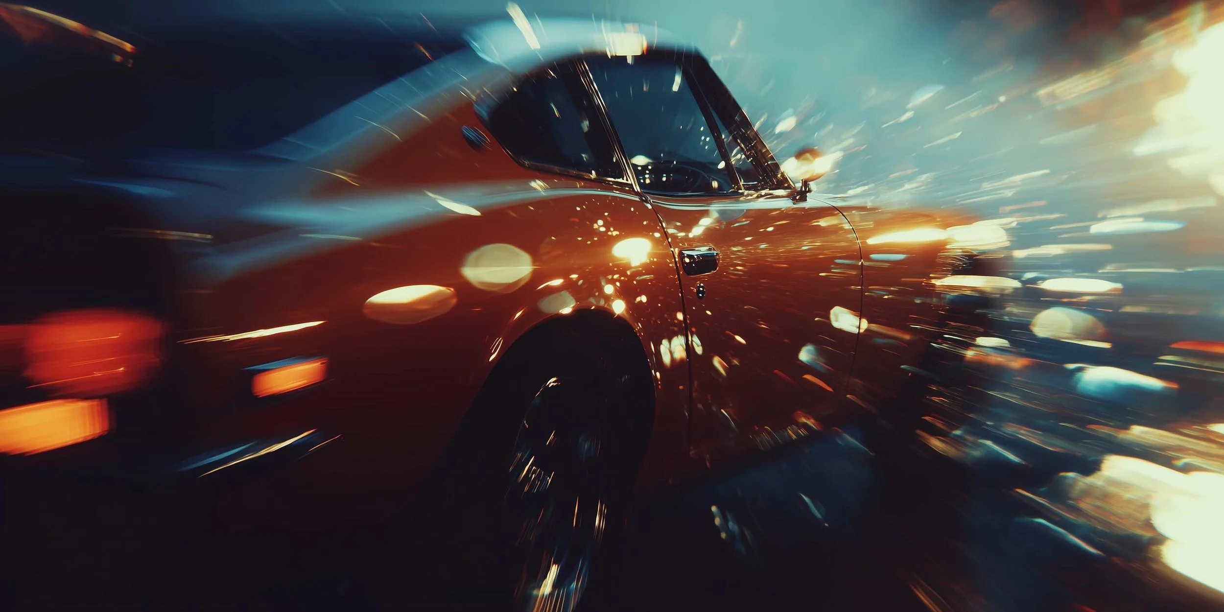 A red sports car driving at night with blurred lights, creating a sense of speed and motion.