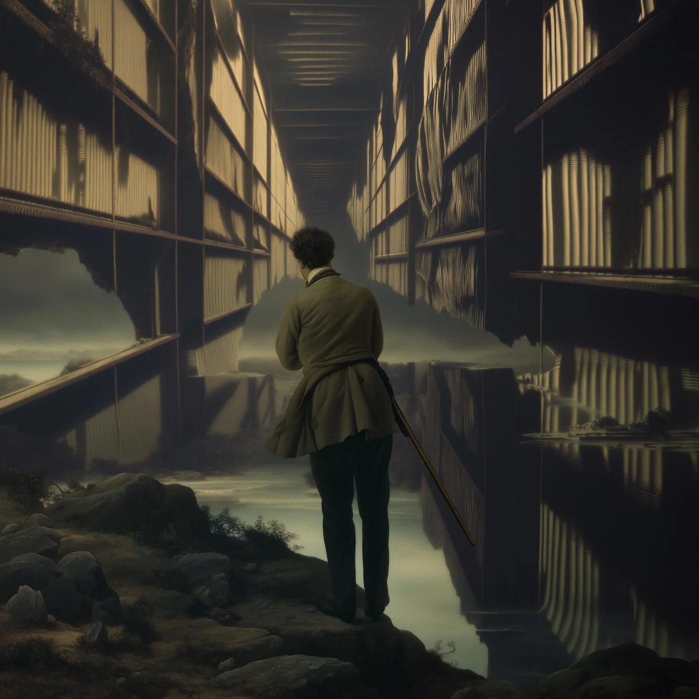 A person standing on rocks, holding a cane, looking at a surreal scene of a floating city with tall, collapsing buildings and cloudy skies.