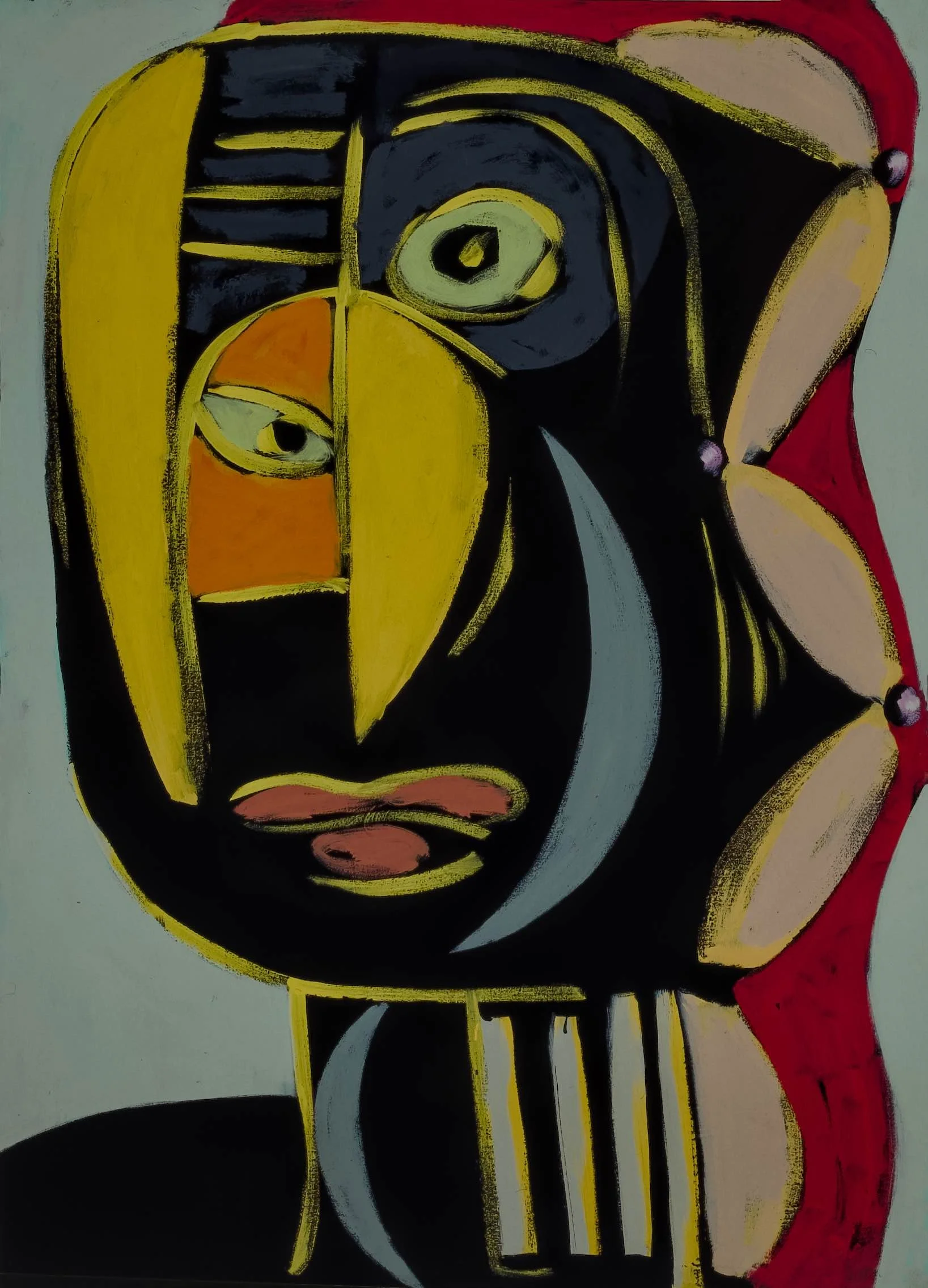 Abstract painting of a human face with bold black outlines, yellow, orange, and beige color blocks, and punctuated with pink and red accents.