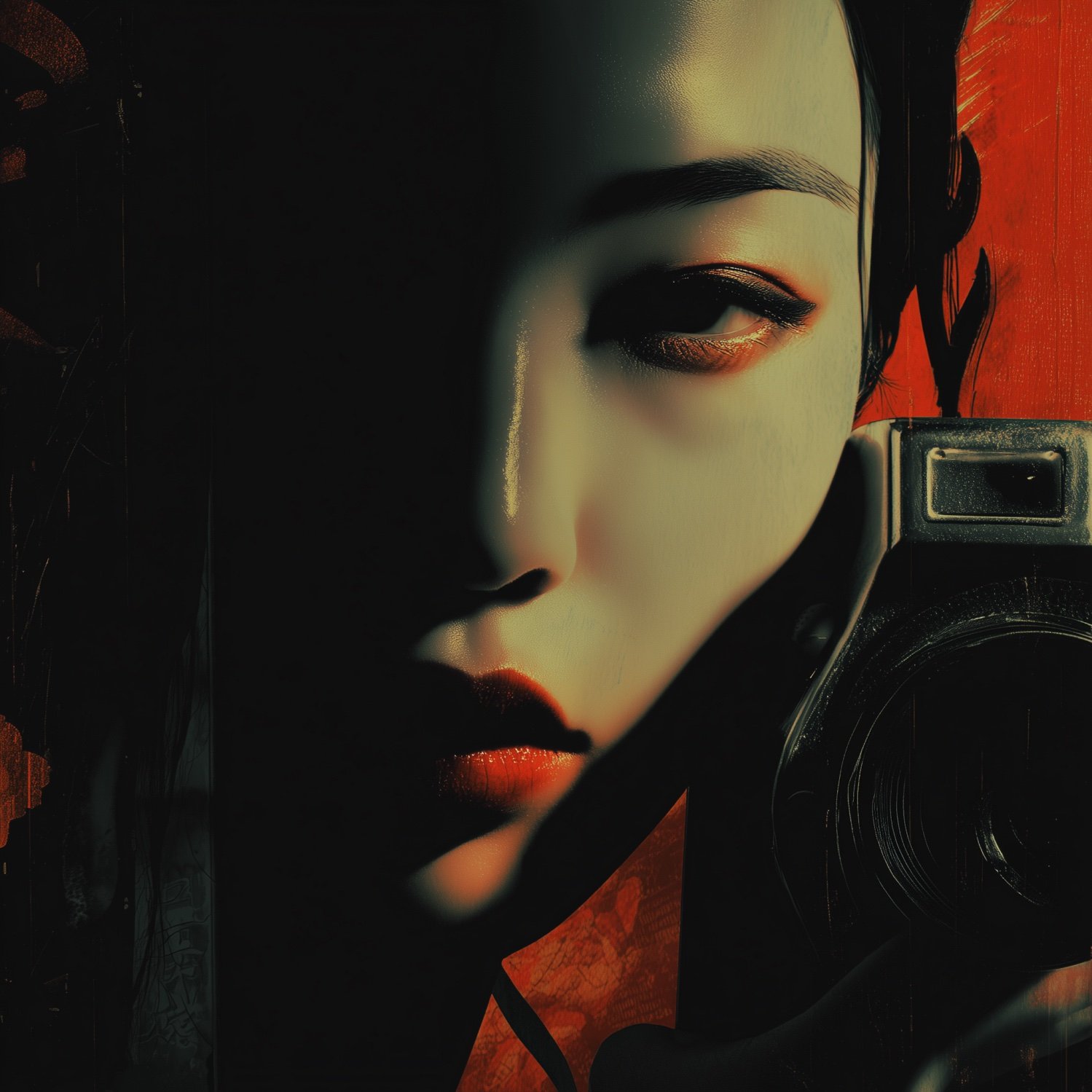 Close-up of a woman's face reflected in a mirror, holding a camera, with dramatic lighting and red background.