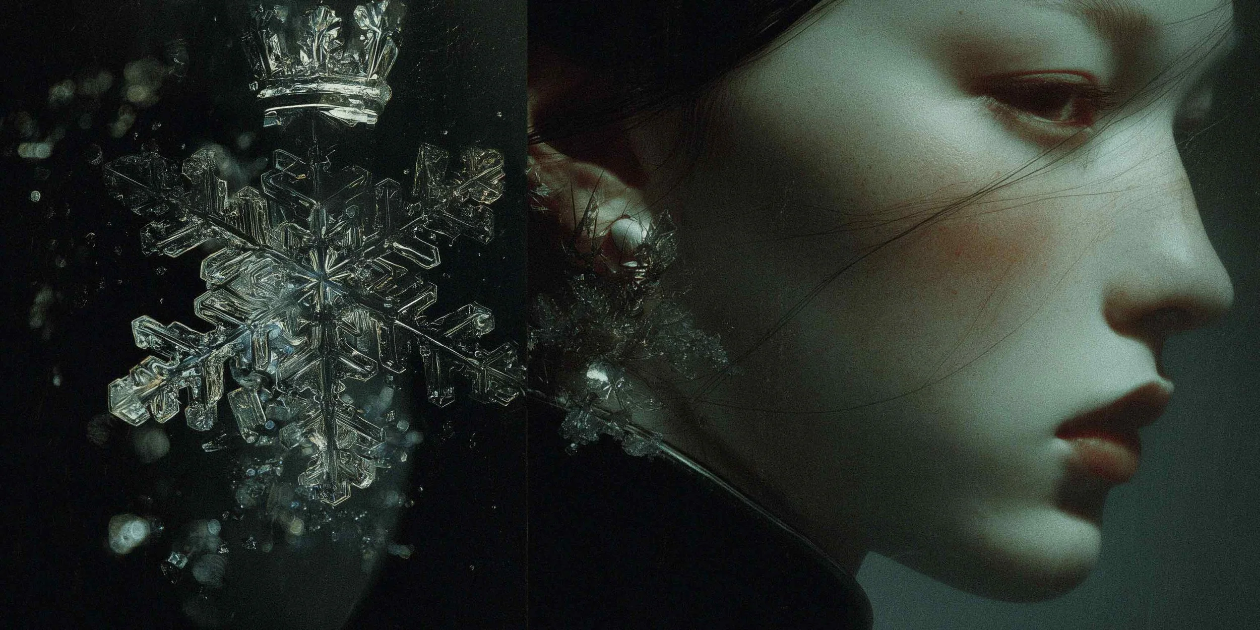 Close-up of a woman's face showing her eyes and lips, with a large, detailed snowflake on her shoulder.