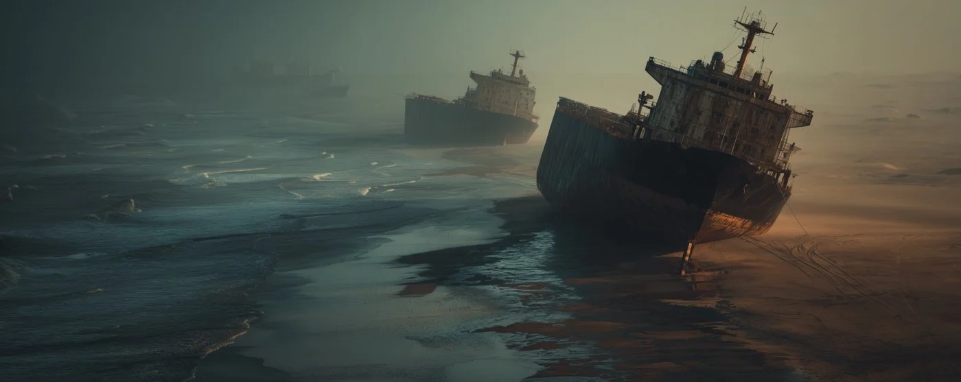 Multiple large ships stranded and tilted on a sandy beach with tide and waves, under a cloudy sky.