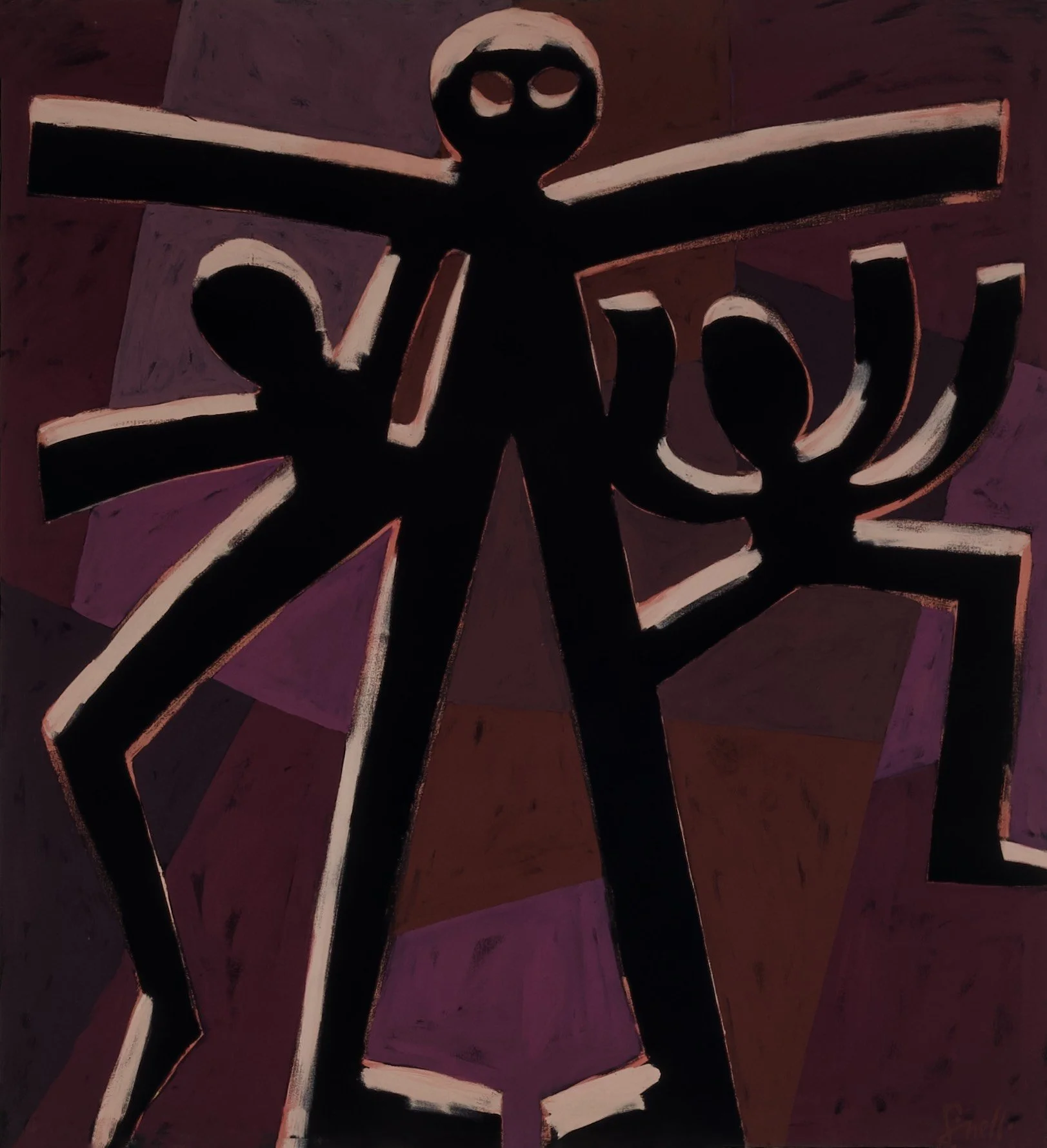 Silhouettes of three stylized human figures with outstretched arms. The background consists of purple and reddish geometric shapes.
